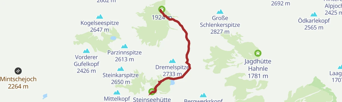 Route map: Hanauer Hütte - Dremelscharte -Steinseehütte